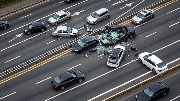 Cars crash on a busy running highway