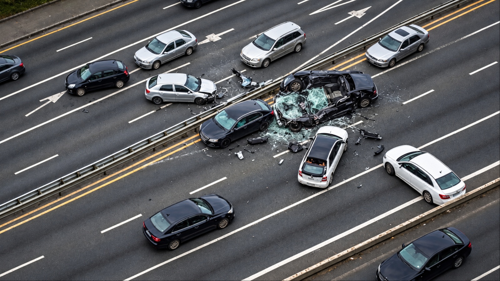 Cars crash on a busy running highway