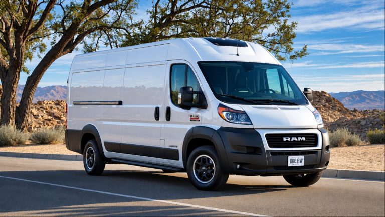White Ram ProMaster cargo van parked on a desert roadside at sunset