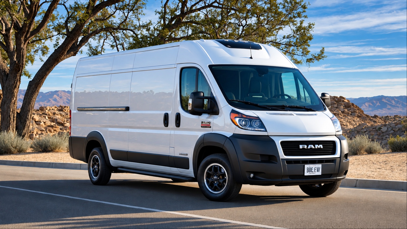 White Ram ProMaster cargo van parked on a desert roadside at sunset