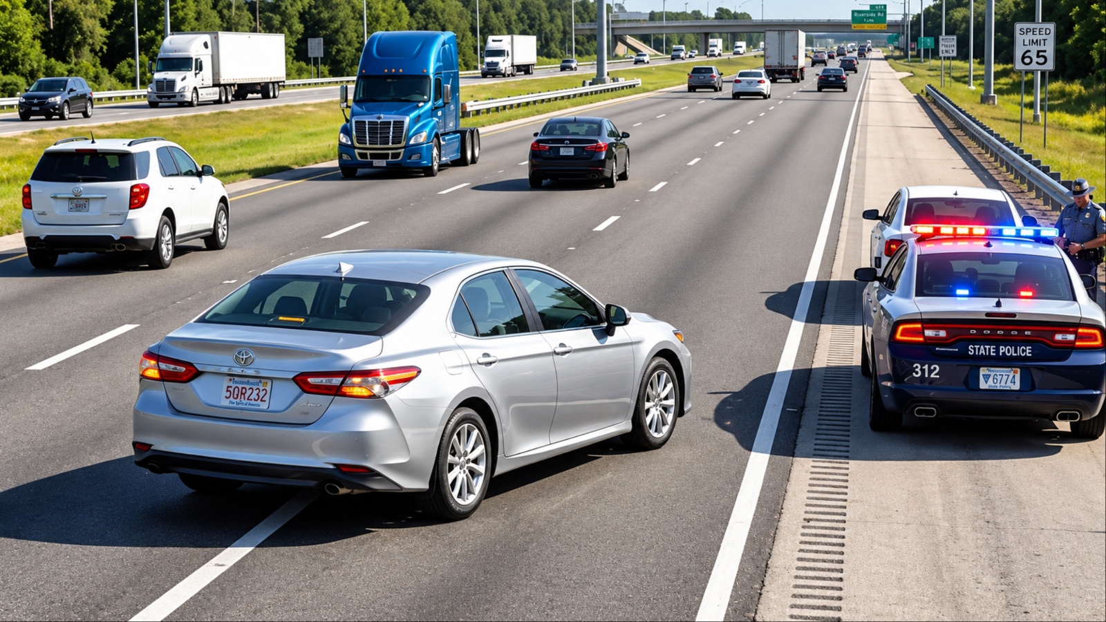 Silver sedan driving past state police car on busy highway