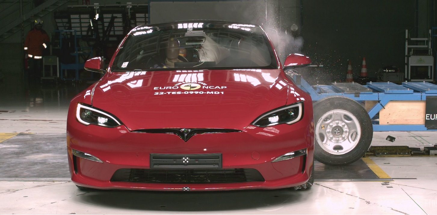 Tesla Model S Plaid undergoing a Euro NCAP frontal offset crash test