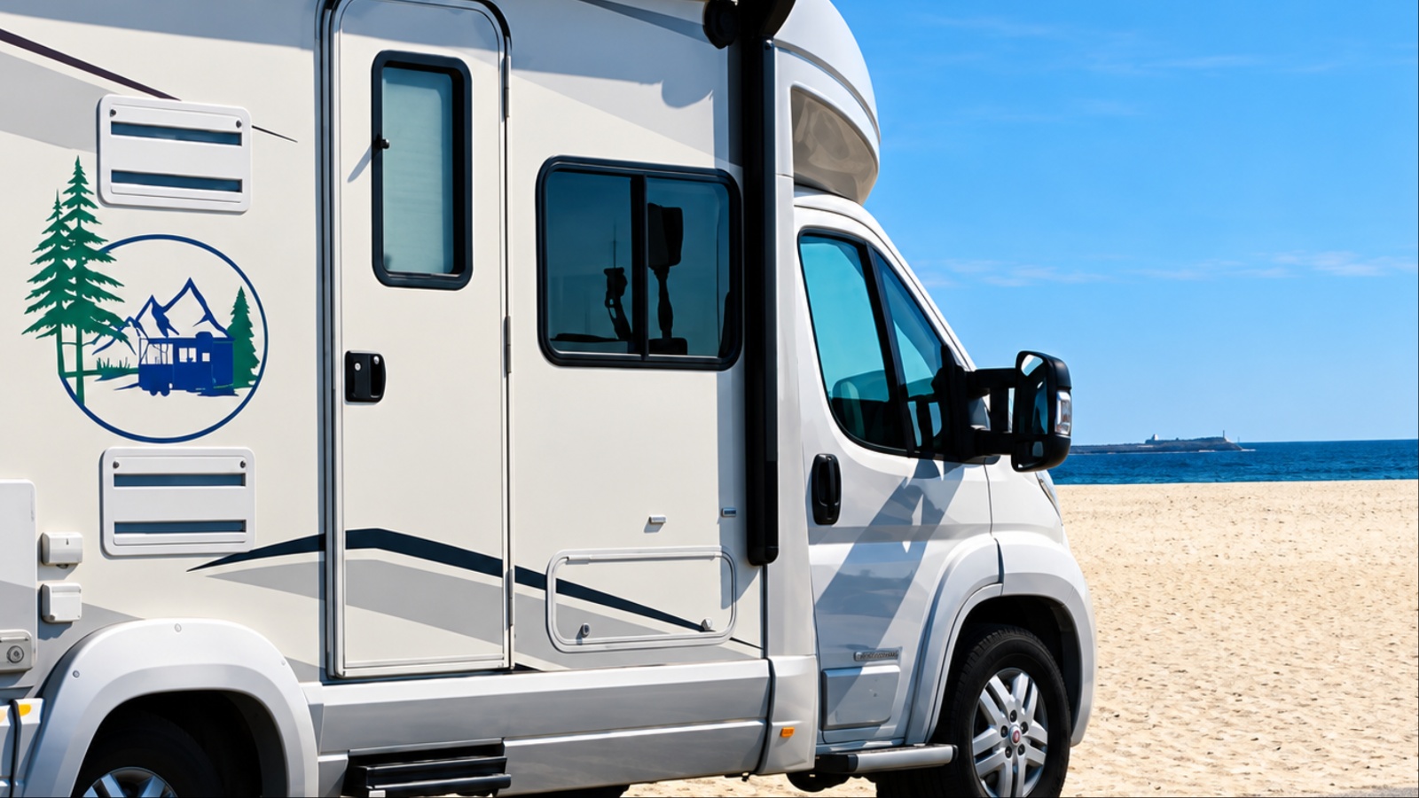 White RV parked on sunny beach under clear blue sky.