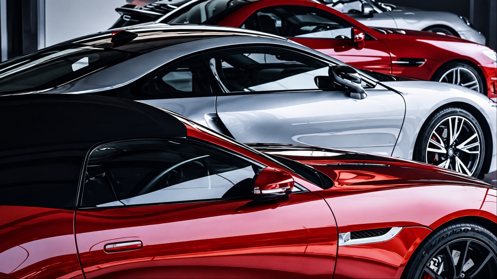 Luxury red and silver sports cars in modern showroom