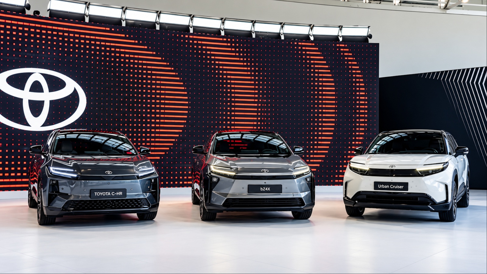 Toyota showcases three electric SUVs onstage during a new EV lineup presentation