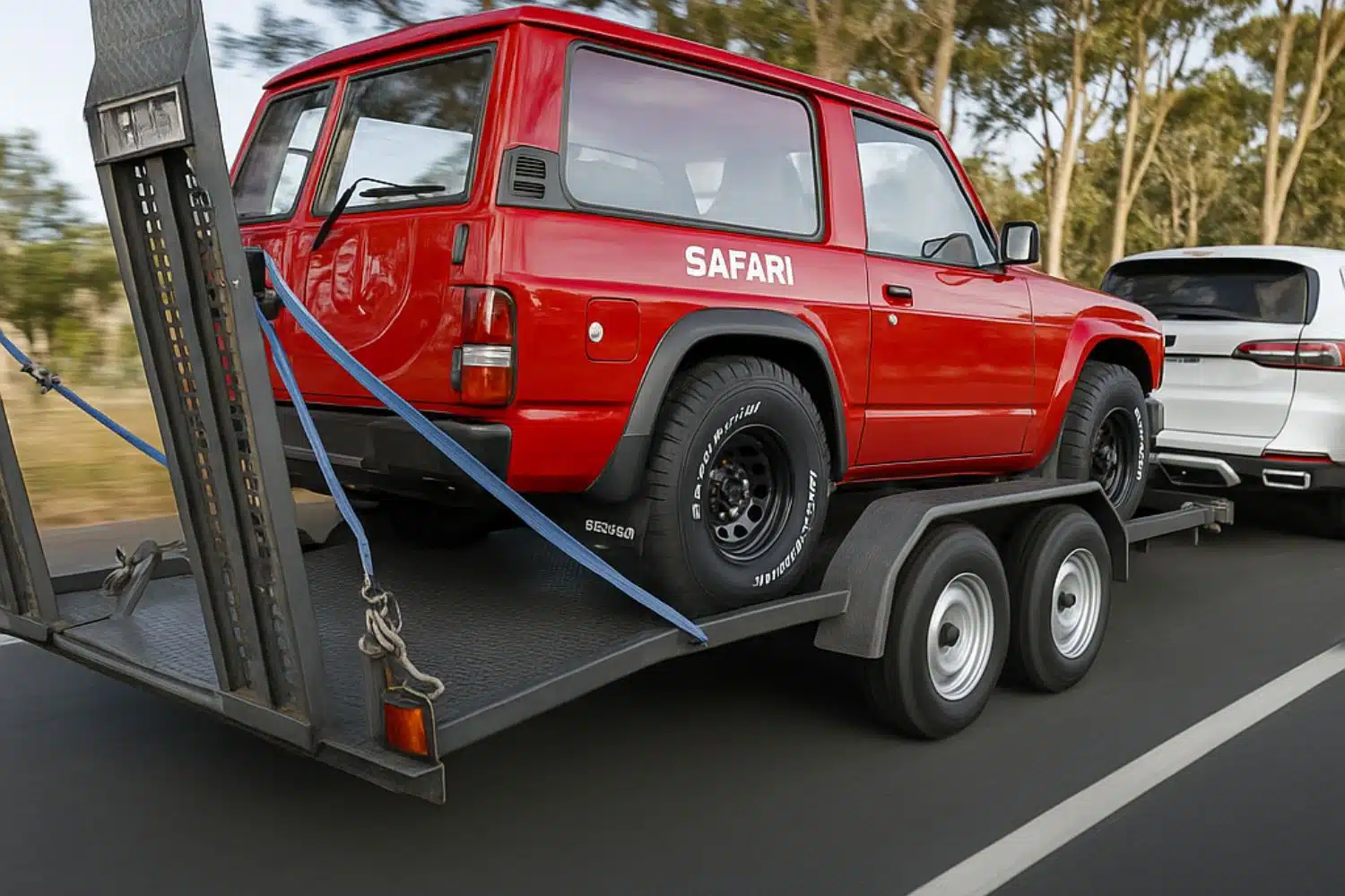 A Jeep is getting towed on a trailer attached with the car