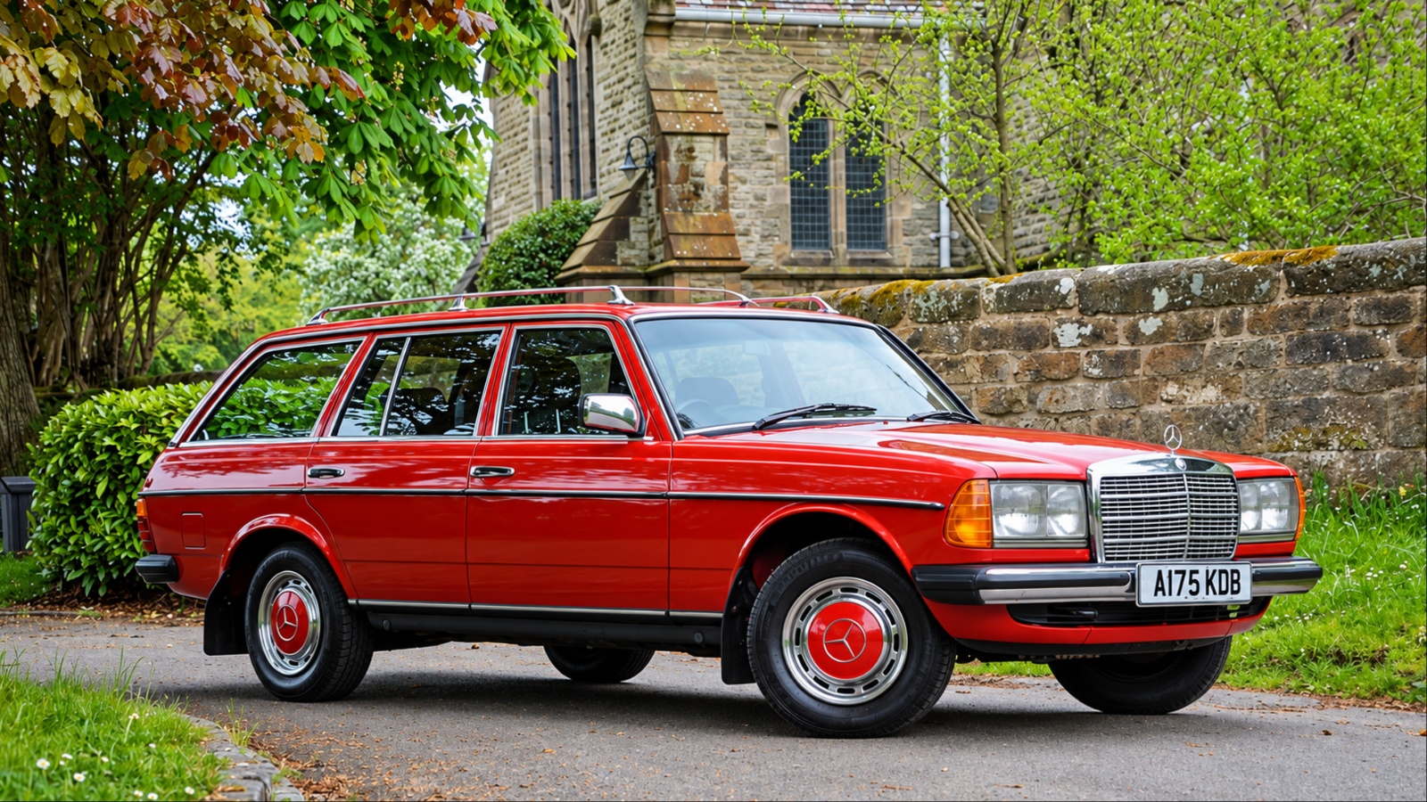 A red W123 is standing on a road on a cloudy day
