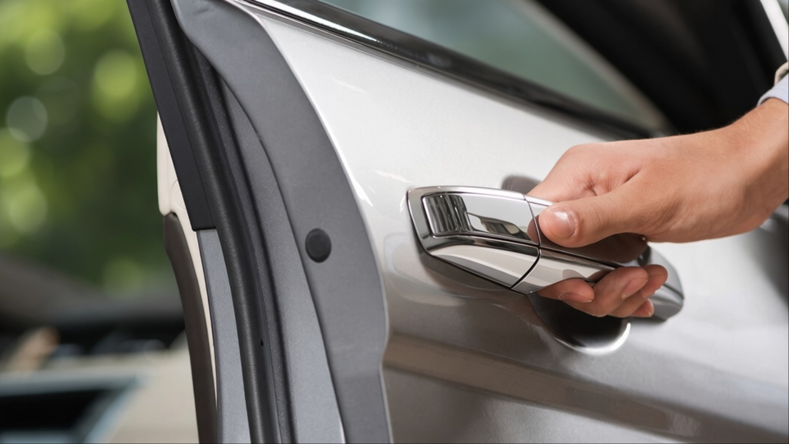 Hand opening silver car door by chrome handle outdoors