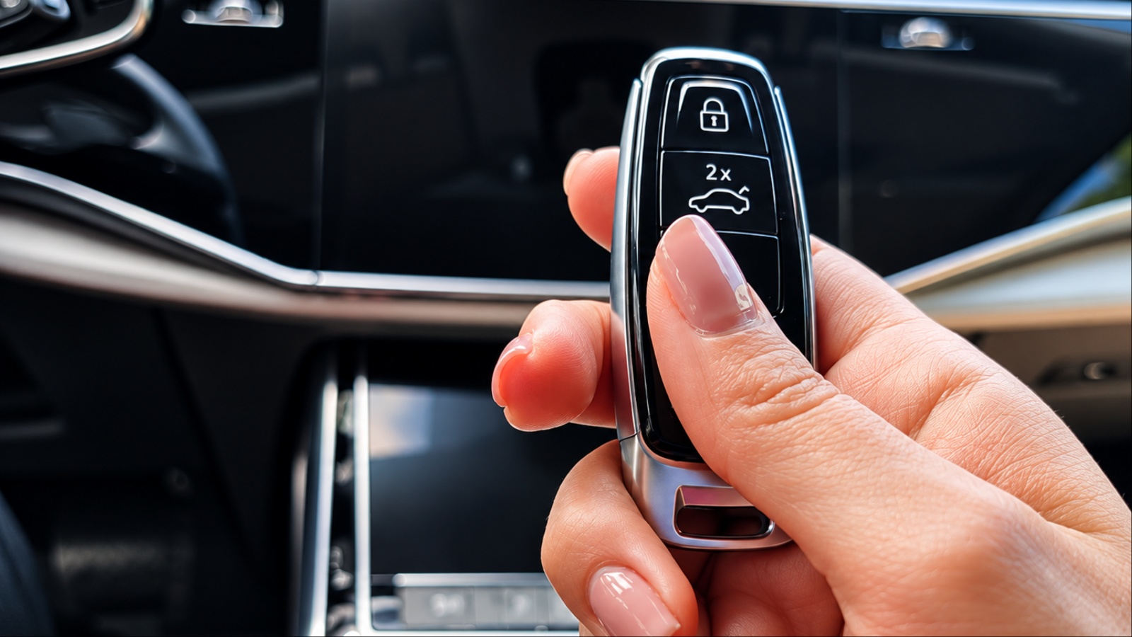Close-up of hand holding car key inside luxury vehicle