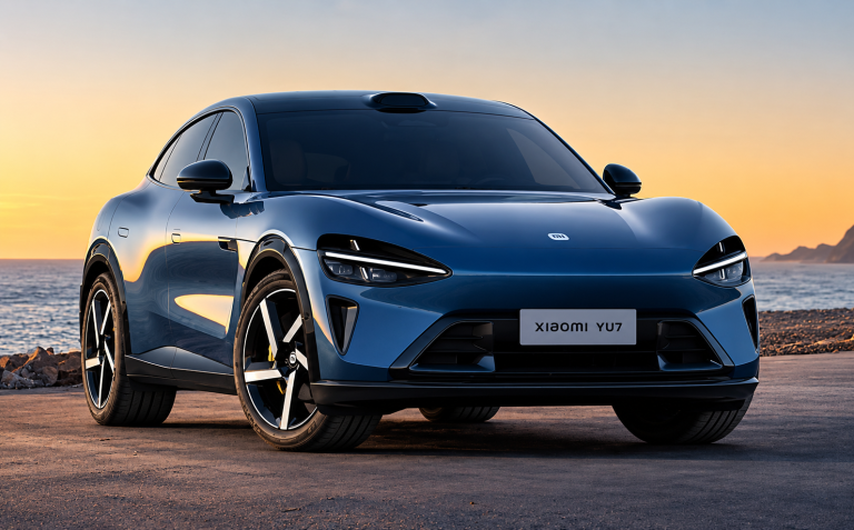 Xiaomi SU7 electric sedan parked near a coastal road, showcasing its sleek design