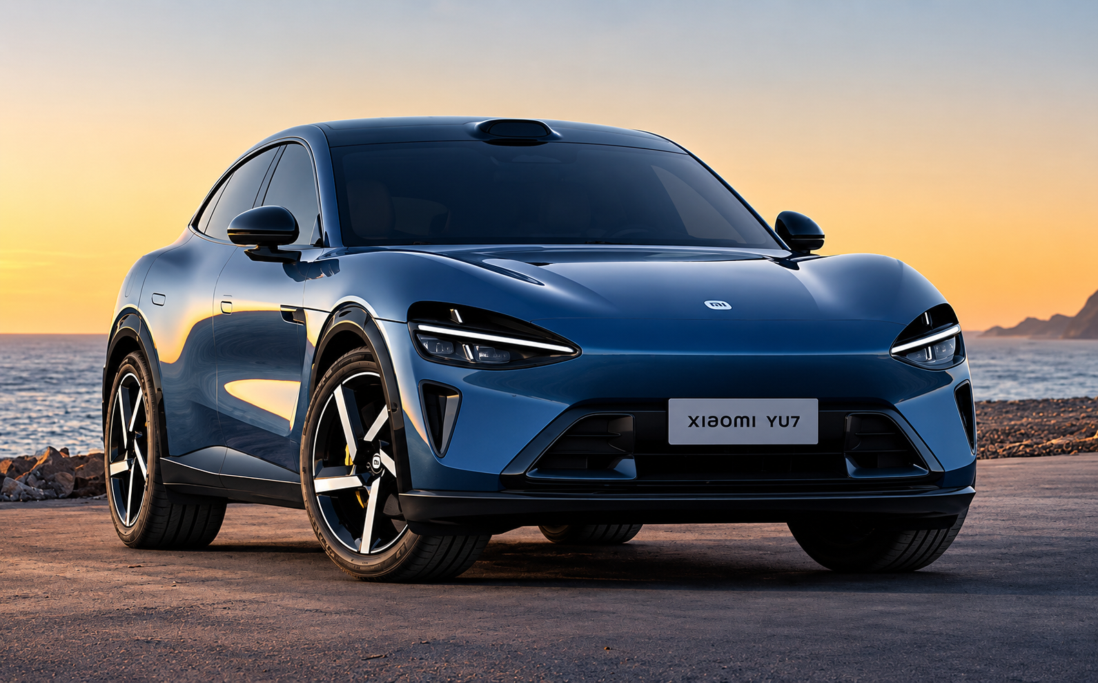 Xiaomi SU7 electric sedan parked near a coastal road, showcasing its sleek design